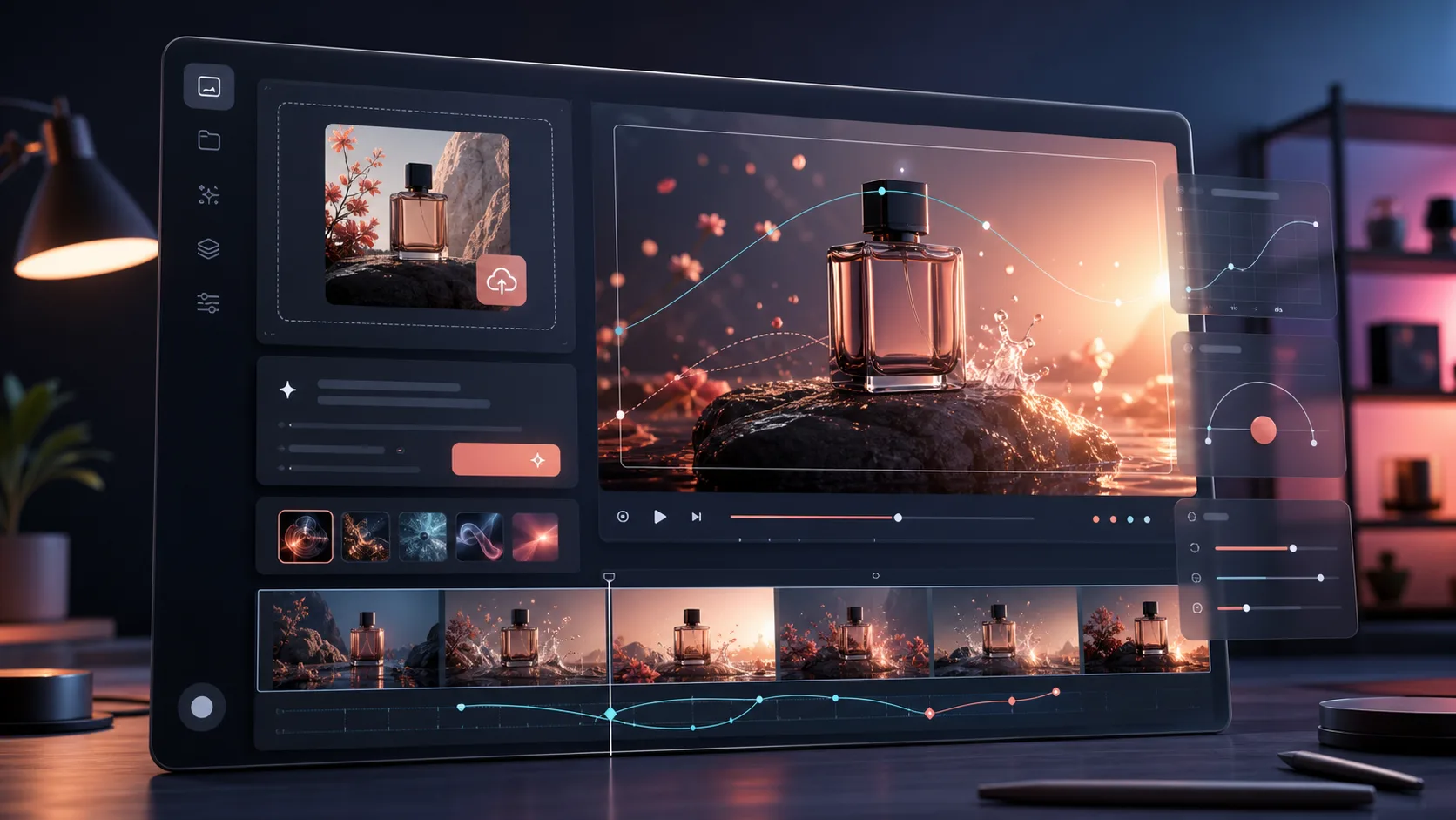 Image-to-video workspace showing upload, motion controls, timeline, and generated preview